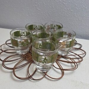 Vintage MCM Federal Glass Andes Pattern Footed Rocks Glass Green Gold Set of 6